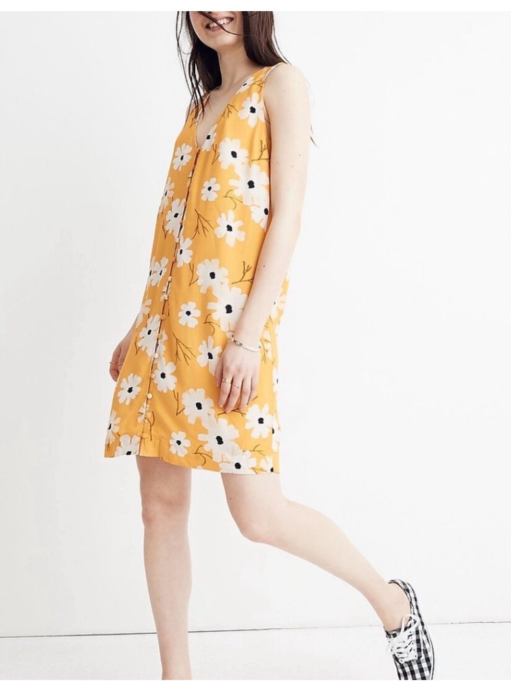 Madewell Mustard Floral V-Neck Sleeveless Shift Dress